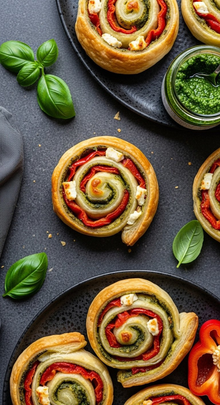 Vibrant Pesto &Amp; Roasted Red Pepper Puff Pastry Pinwheels On A Dark Plate. Easy Savory Appetizer Recipe.