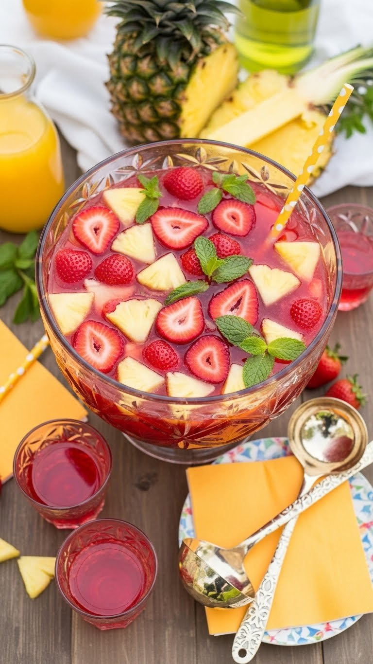 Vibrant Pineapple Strawberry Punch In Glass Bowl With Floating Fruit Slices On Wooden Serving Table For Party Setting