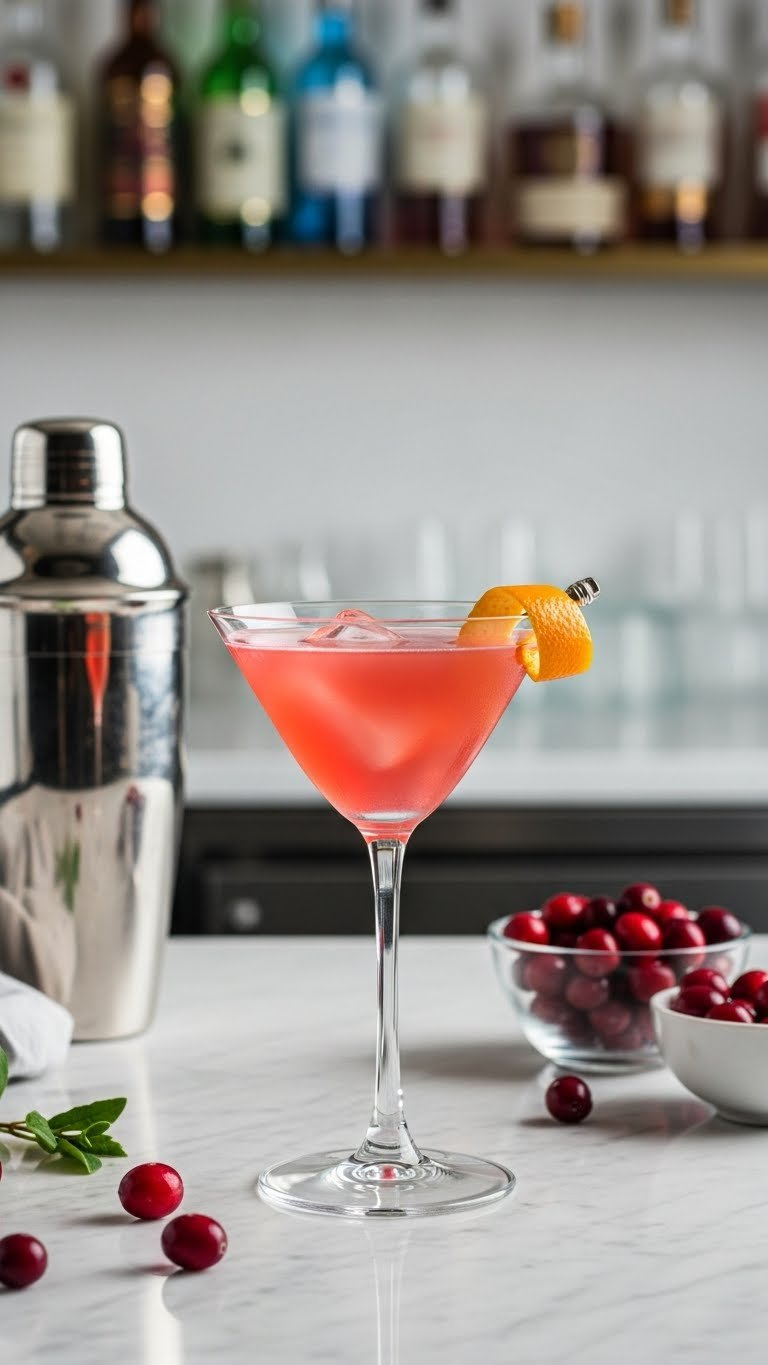Vibrant Pink Cosmopolitan Cocktail In Martini Glass With Orange Peel Garnish On Marble Countertop With Soft Bokeh Background.