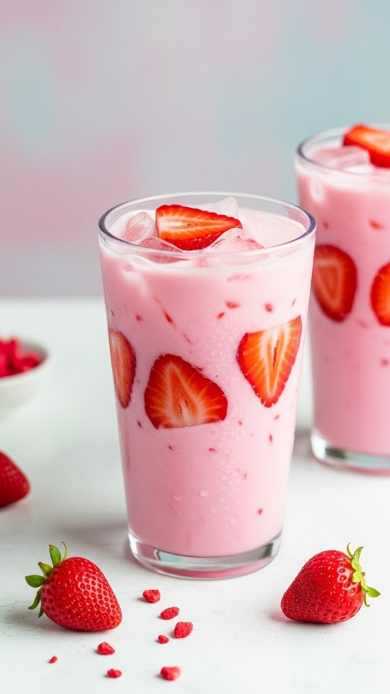 Vibrant Pink Starbucks Drink In Clear Cup With Ice And Floating Strawberry Slices Against Pastel Background