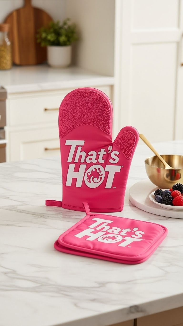 Vibrant Pink That's Hot Design Oven Mitts With Playful Slogan On Chic Kitchen Island With Gold Mixing Bowl