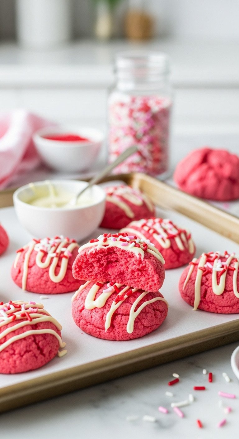 Vibrant Pink Cake Mix Drop Cookies With White Chocolate Drizzle And Festive Sprinkles On A Baking Sheet, Fresh From The Oven.