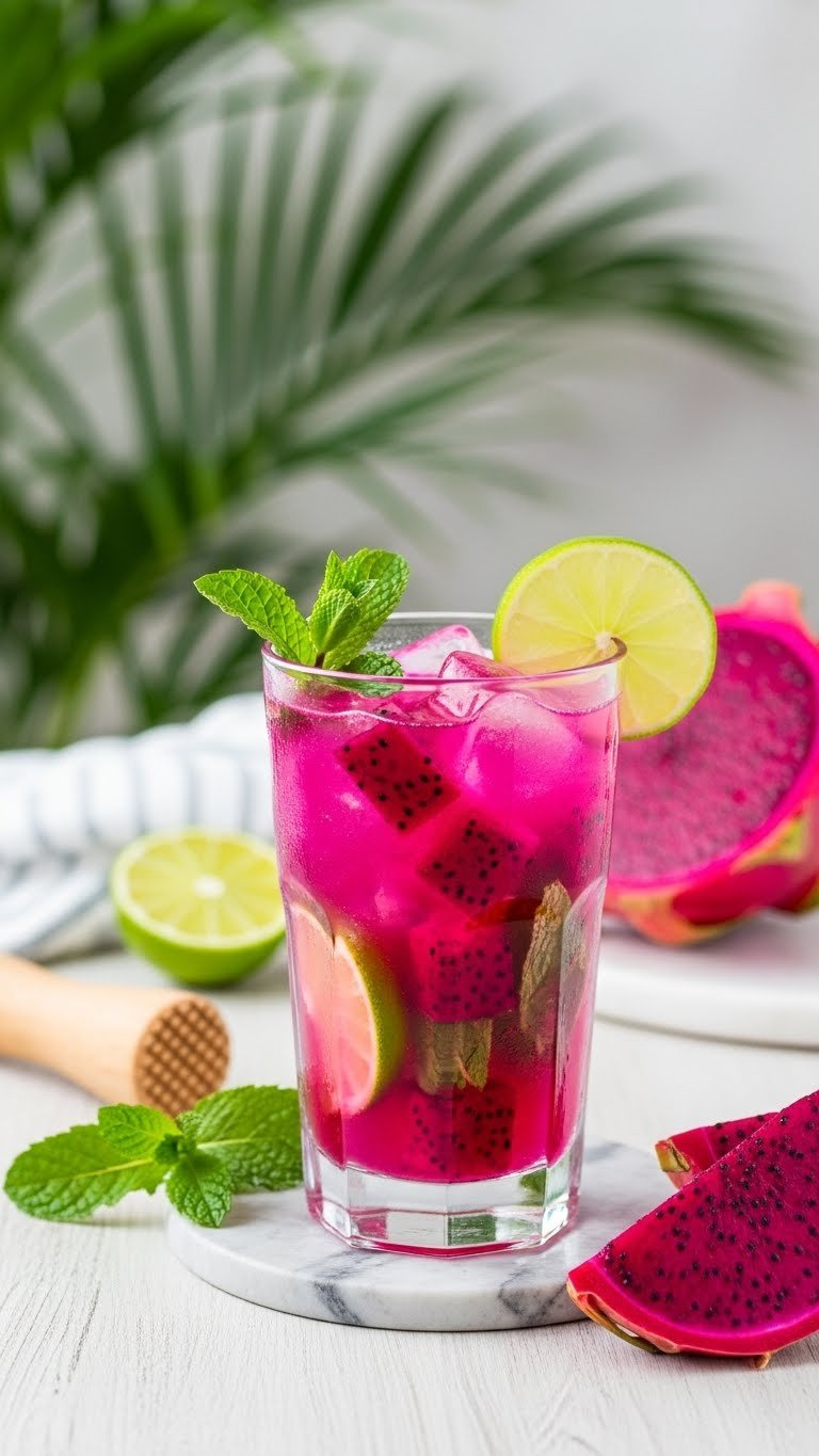 Vibrant Pink Dragonfruit Mojito Mocktail In Tall Glass With Muddled Mint Leaves And Lime Wedges On Wooden Bar