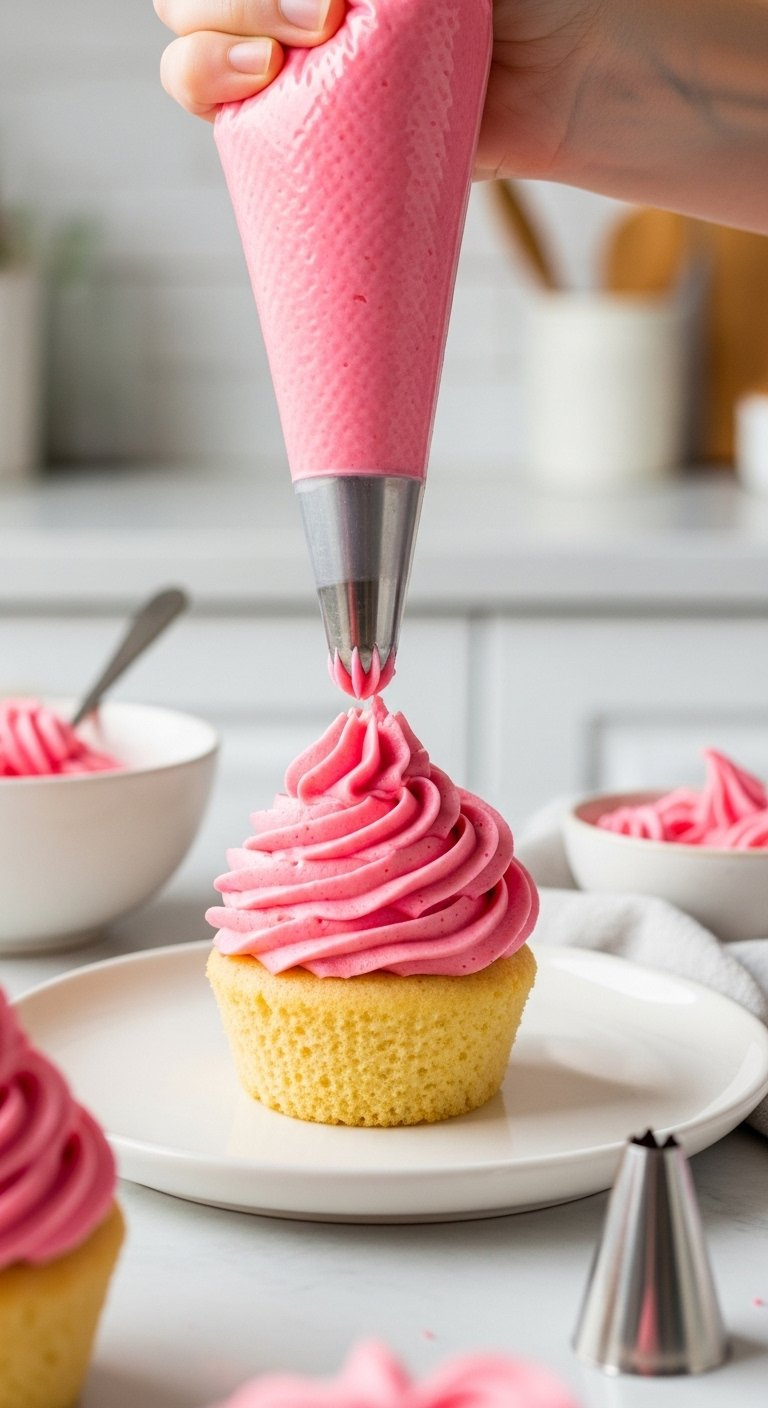 Vibrant Pink Frosting Being Piped Onto A Cupcake Base On A Clean White Ceramic Plate.