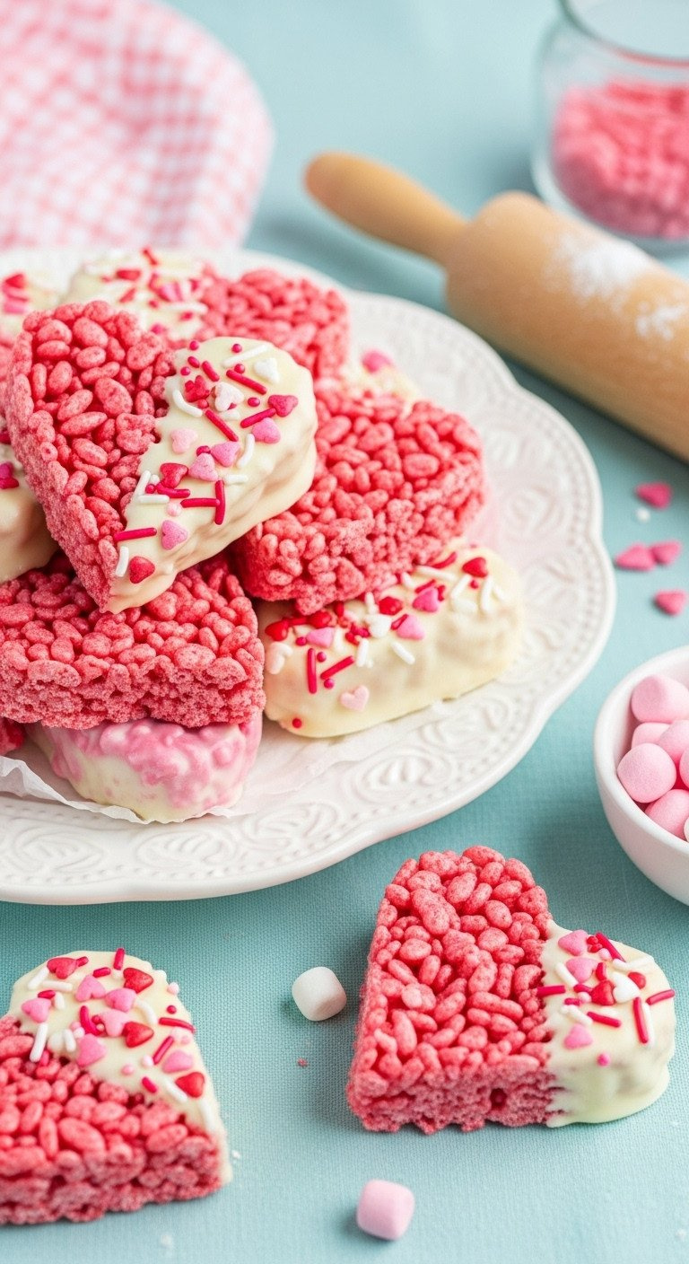 Vibrant Pink Heart-Shaped Rice Cereal Treats, Partially Coated In White Chocolate With Sprinkles, On A White Platter.