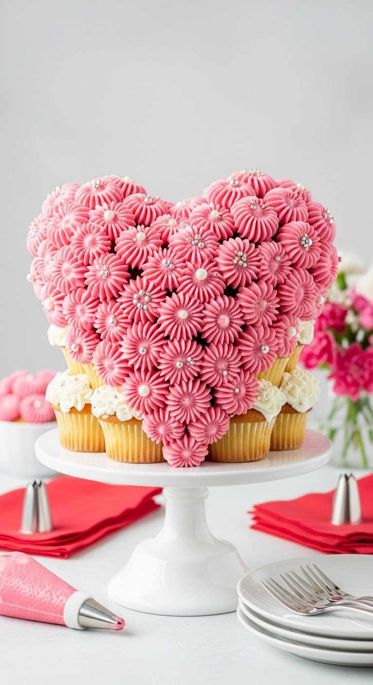 Vibrant Pink Pull-Apart Heart Cupcake Cake With Smooth Vanilla Buttercream And Silver Dragées On A White Stand.