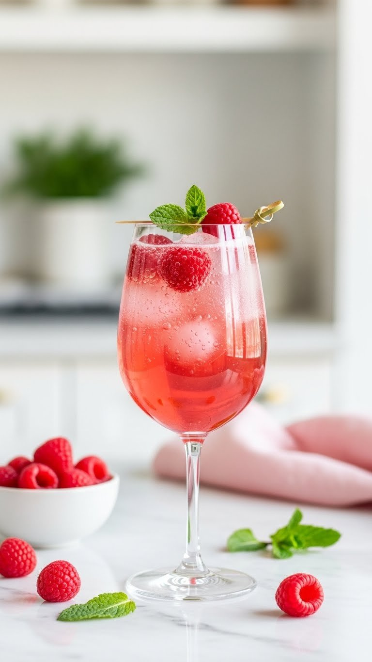Vibrant Pink Raspberry Rosé Spritzer In Elegant Glass With Fresh Raspberries And Mint Garnish On Marble Countertop