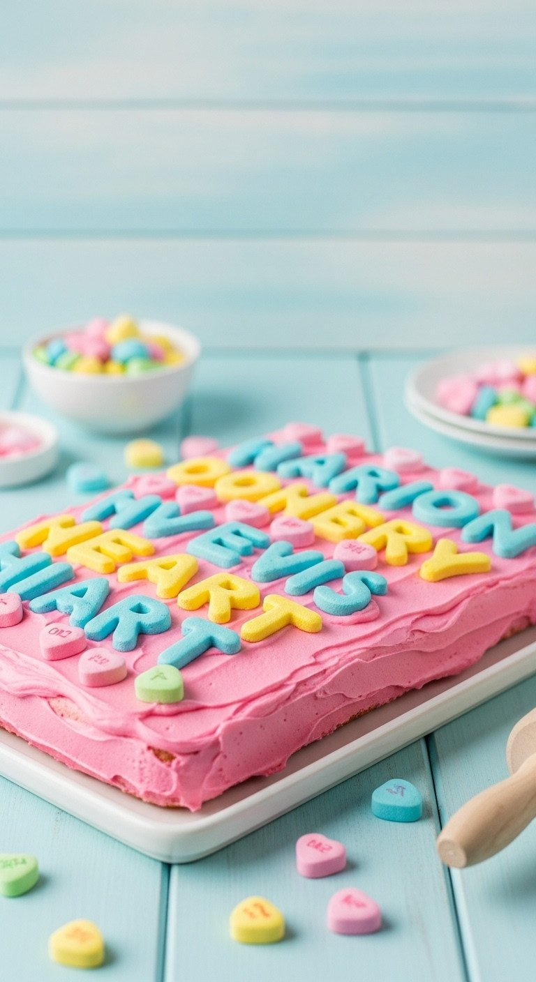 Vibrant Pink Sheet Cake With Colorful Fondant Conversation Hearts Arranged Neatly On A White Tray, Diy Dessert.