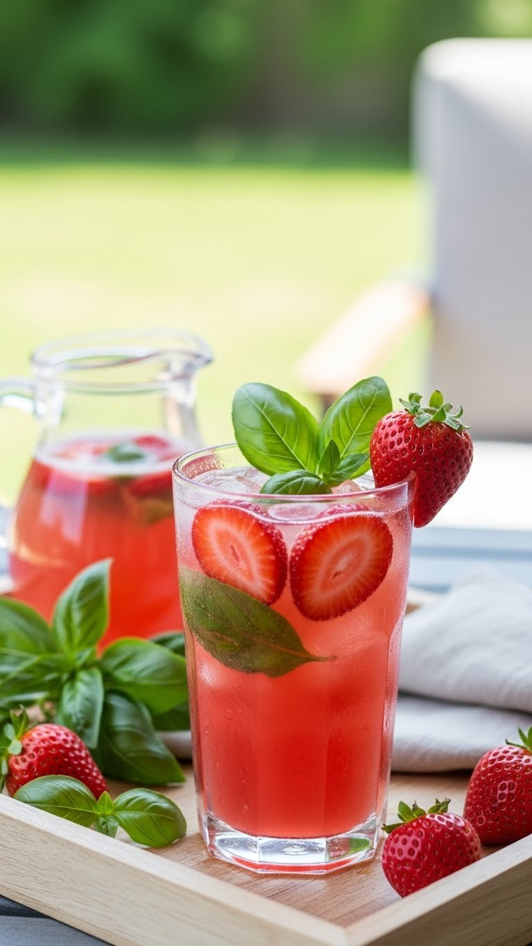 Vibrant Pink Sparkling Strawberry Basil Lemonade In Tall Glass With Fresh Strawberry Slices And Green Basil Leaves On Wooden Tray.