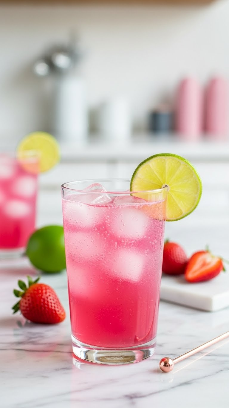 Vibrant Pink Sparkling Water Drink With Lime Wedge Garnish On Marble Countertop In Bright Minimalist Interior.