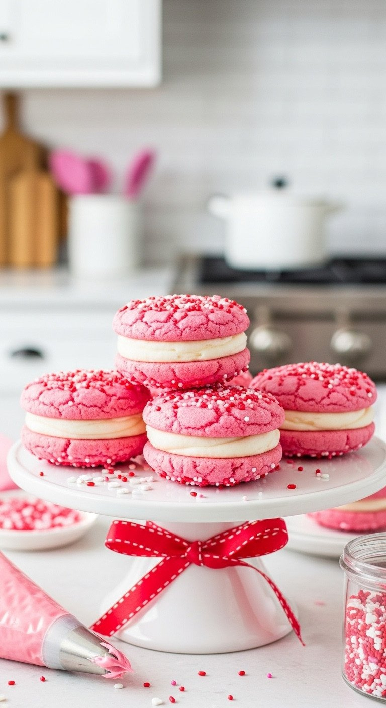 Vibrant Pink Sprinkle Sandwich Cookies With Thick Vanilla Buttercream Filling On A White Cake Stand, A Festive Homemade Treat.