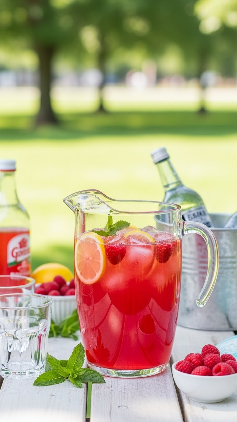 Vibrant Pink Vodka Raspberry Lemonade Pitcher With Fresh Raspberries And Lemon Slices On Picnic Table Setting.