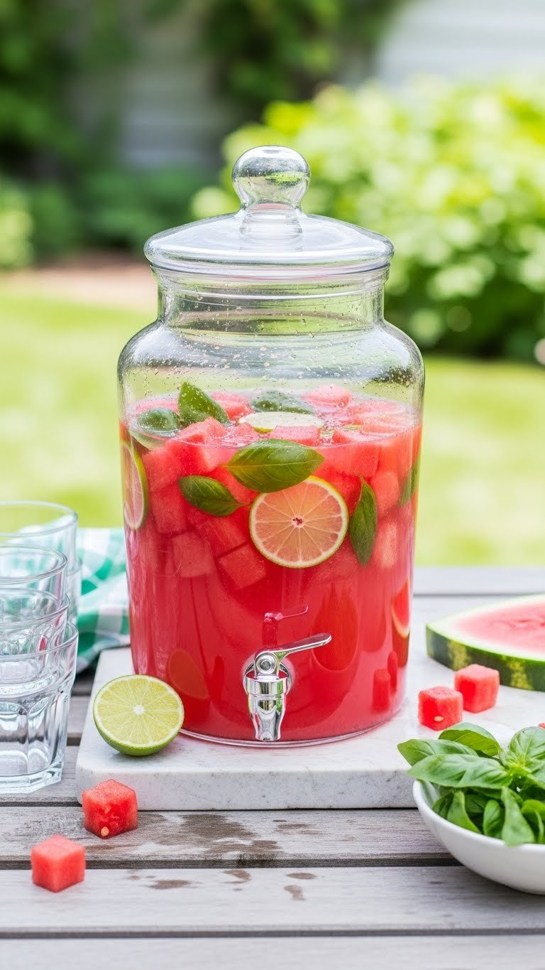 Vibrant Pink Watermelon Basil Cooler In Glass Dispenser With Watermelon Cubes And Fresh Basil Leaves On Picnic Table
