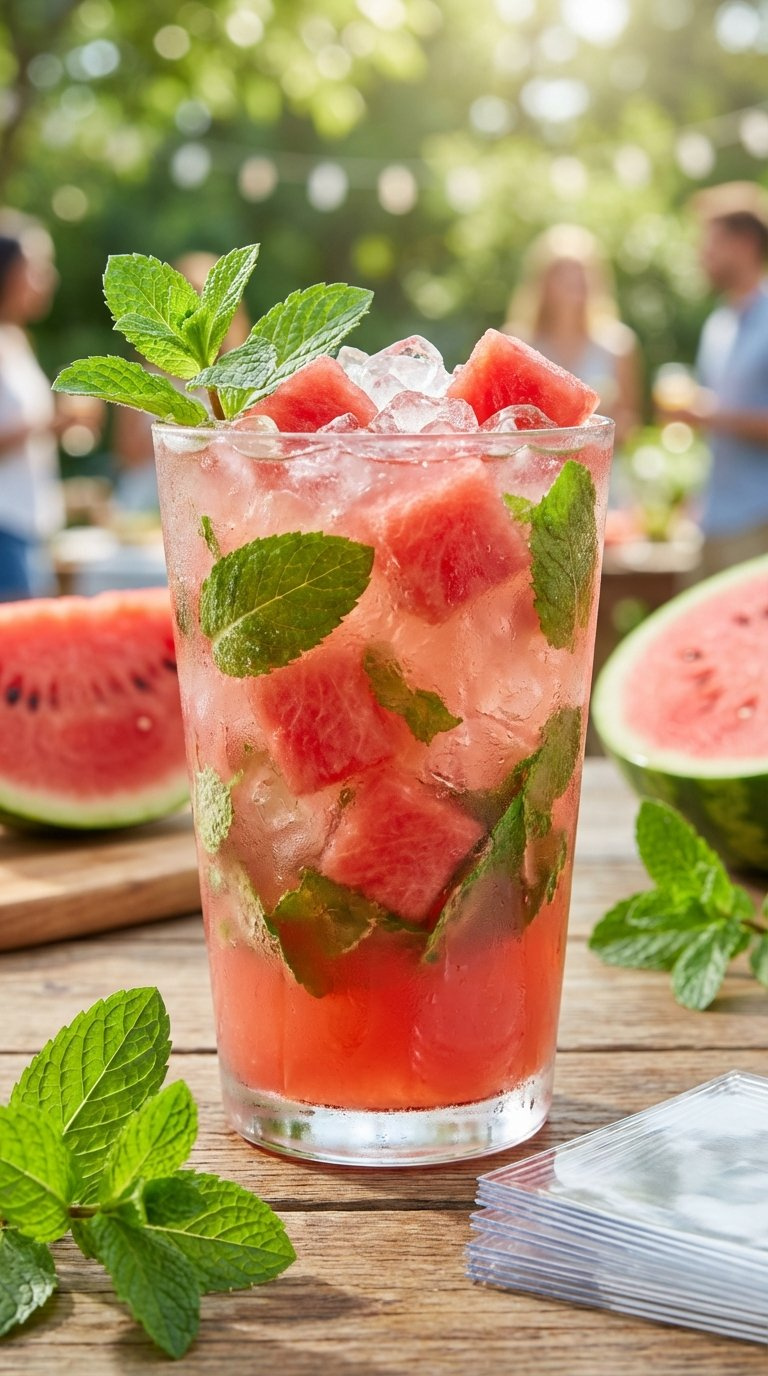 Vibrant Pink Watermelon Mint Cooler In Frosty Glass Brimming With Ice, Watermelon Chunks, And Bright Green Mint Leaves