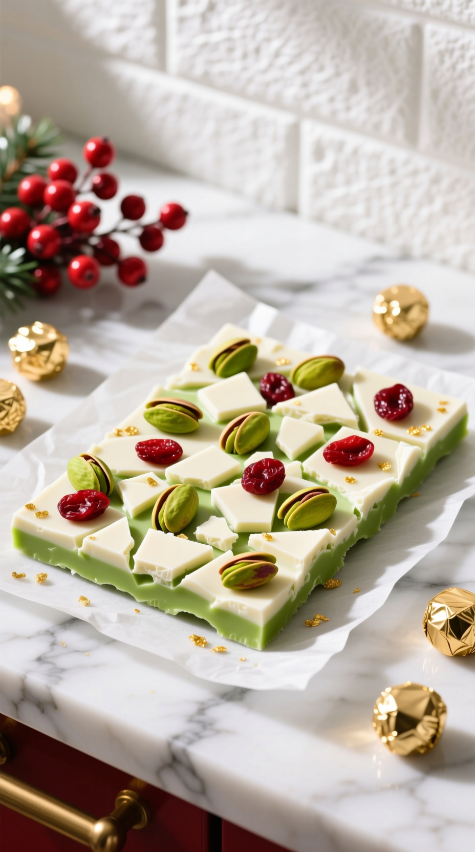 Vibrant Pistachio White Chocolate Holiday Bark With Green Pistachios, Red Cranberries, Golden Flecks, Perfect Festive Sweet Treat.