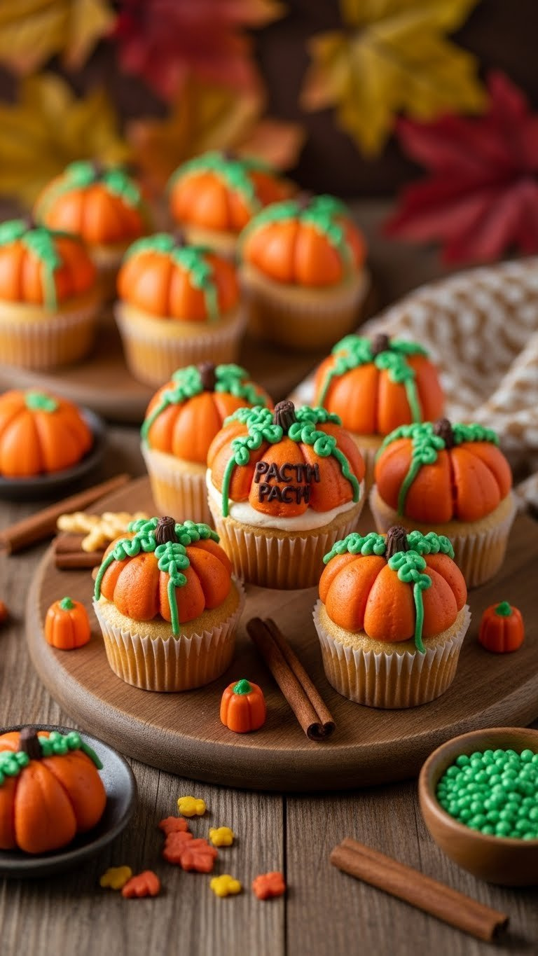 Vibrant Pumpkin Patch Cupcakes With Orange Buttercream Frosting And Green Vines On Rustic Wooden Board With Autumn Decor