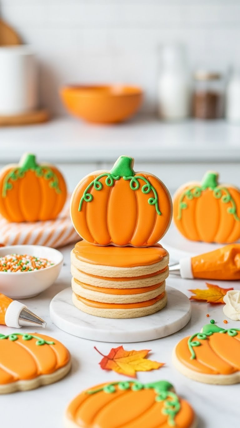 Vibrant Pumpkin-Shaped Sugar Cookies With Royal Icing And Fall Leaves On Marble Countertop