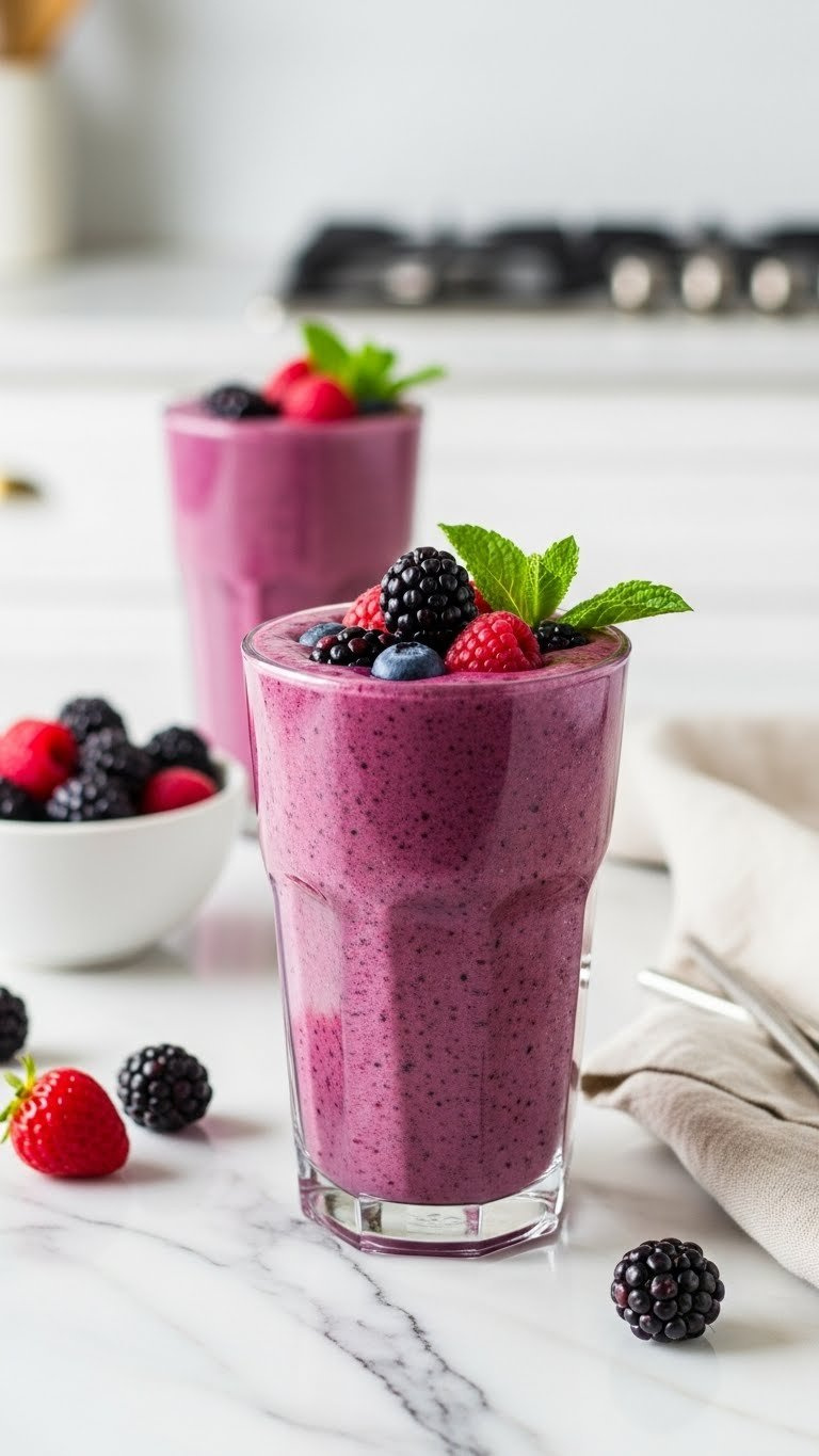 Vibrant Purple Berry Smoothie In Tall Glass Topped With Fresh Berries And Mint Leaf On Marble Countertop