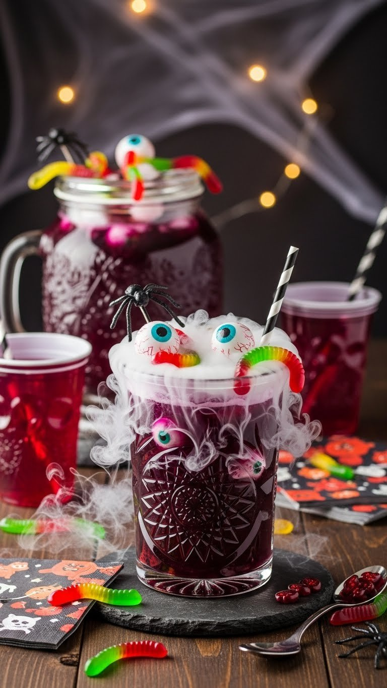Vibrant Purple Ghoulish Grape Halloween Punch With Gummy Worms And Smoky Effect