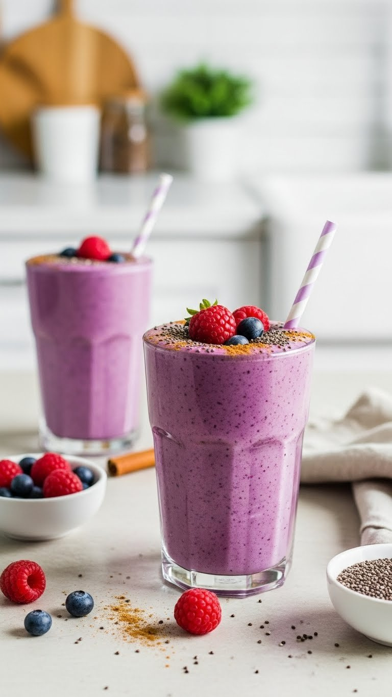 Vibrant Purple Winter Smoothie In Tall Glass Topped With Fresh Berries And Chia Seeds.