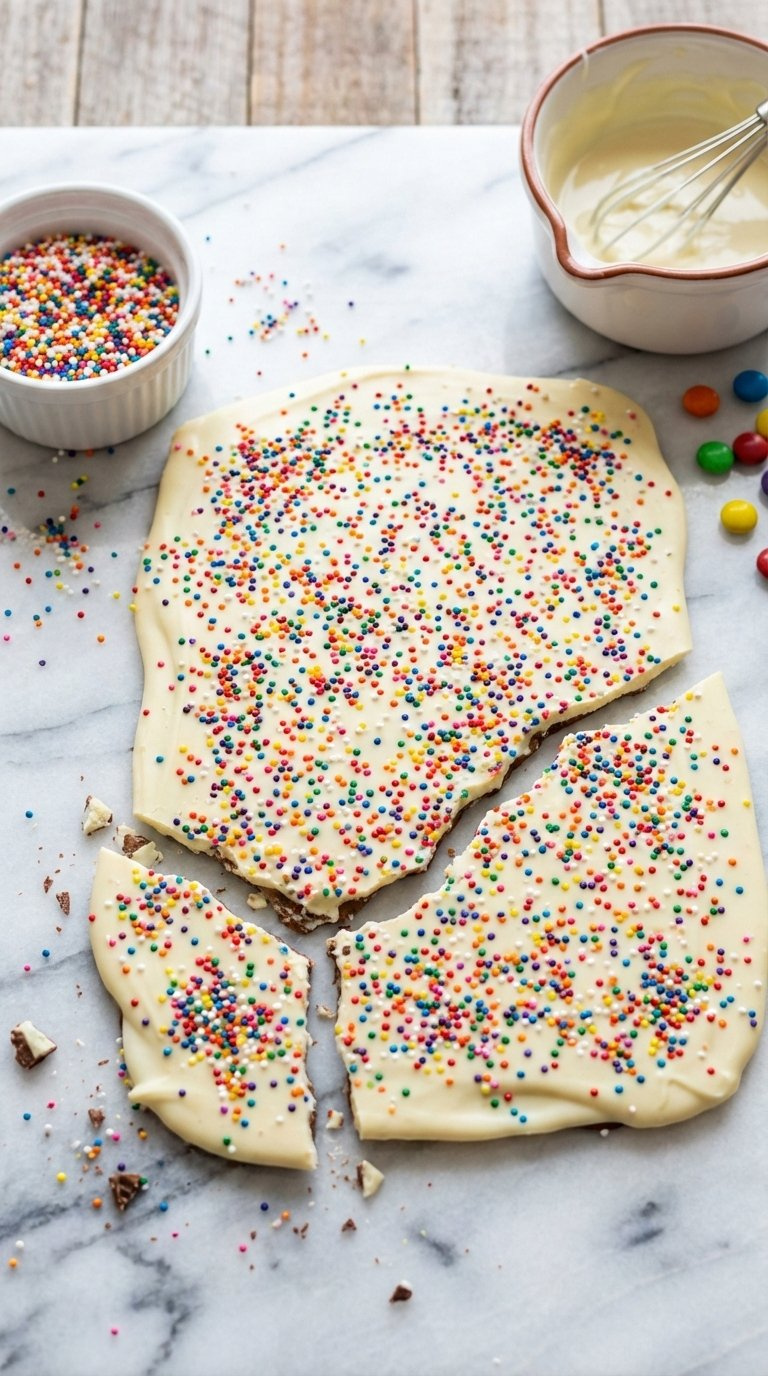 Vibrant Rainbow Sprinkle Bark With White Chocolate And Colorful Sprinkles On Marble Countertop