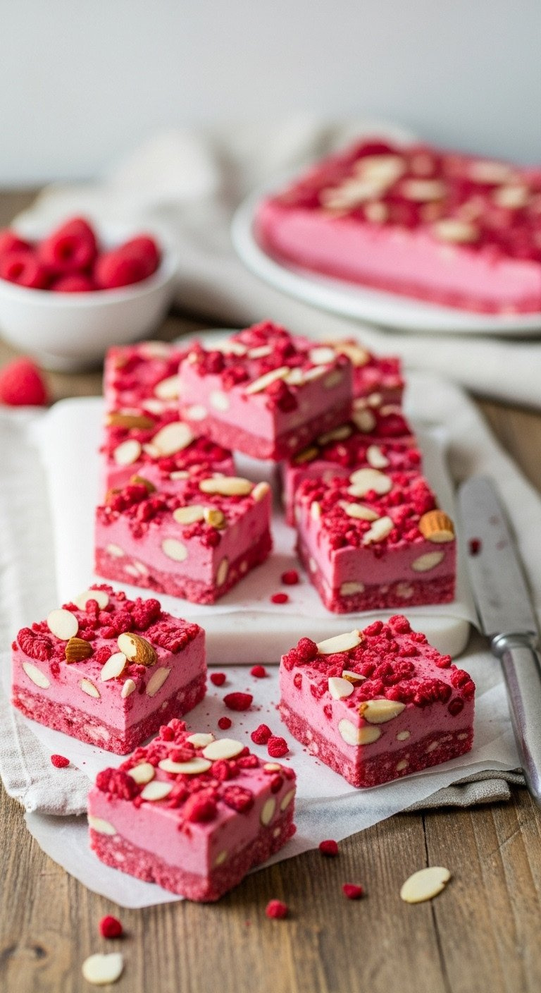 Vibrant Raspberry-Pink Fudge Squares Topped With Freeze-Dried Raspberries And Slivered Almonds On A Cutting Board. Cozy Dessert.