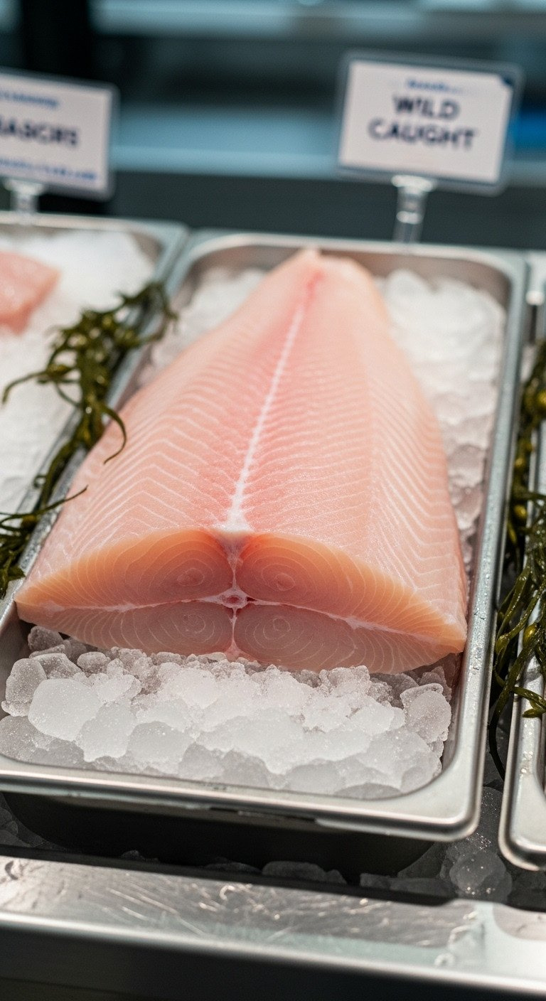 Vibrant Raw Mahi Mahi Fillet On Crushed Ice In A Stainless Steel Tray, Showing Its Pinkish Tint And Firm Texture, Labeled Wild Caught.