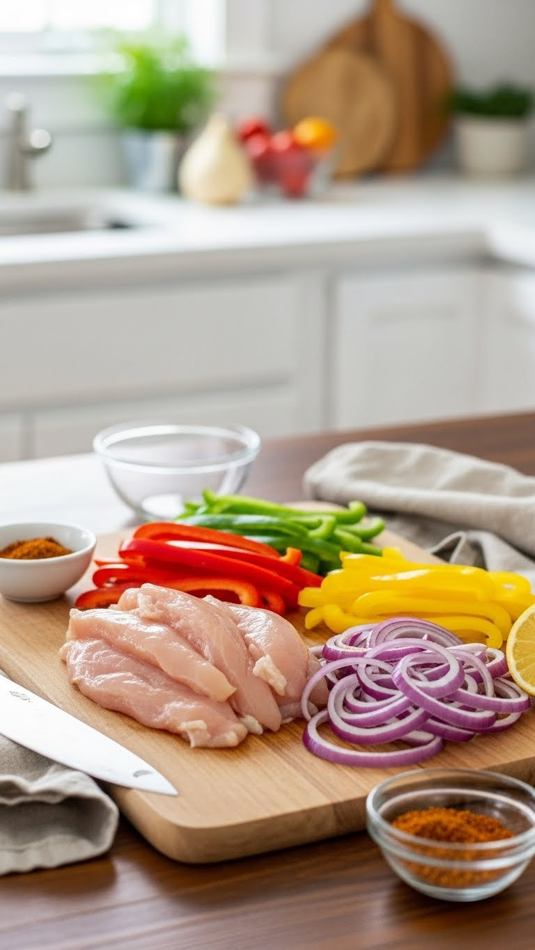 Vibrant Raw Chicken Strips, Sliced Bell Peppers, And Onions On A Wooden Board With Fajita Seasoning, Ready For Instant Pot Fajitas.