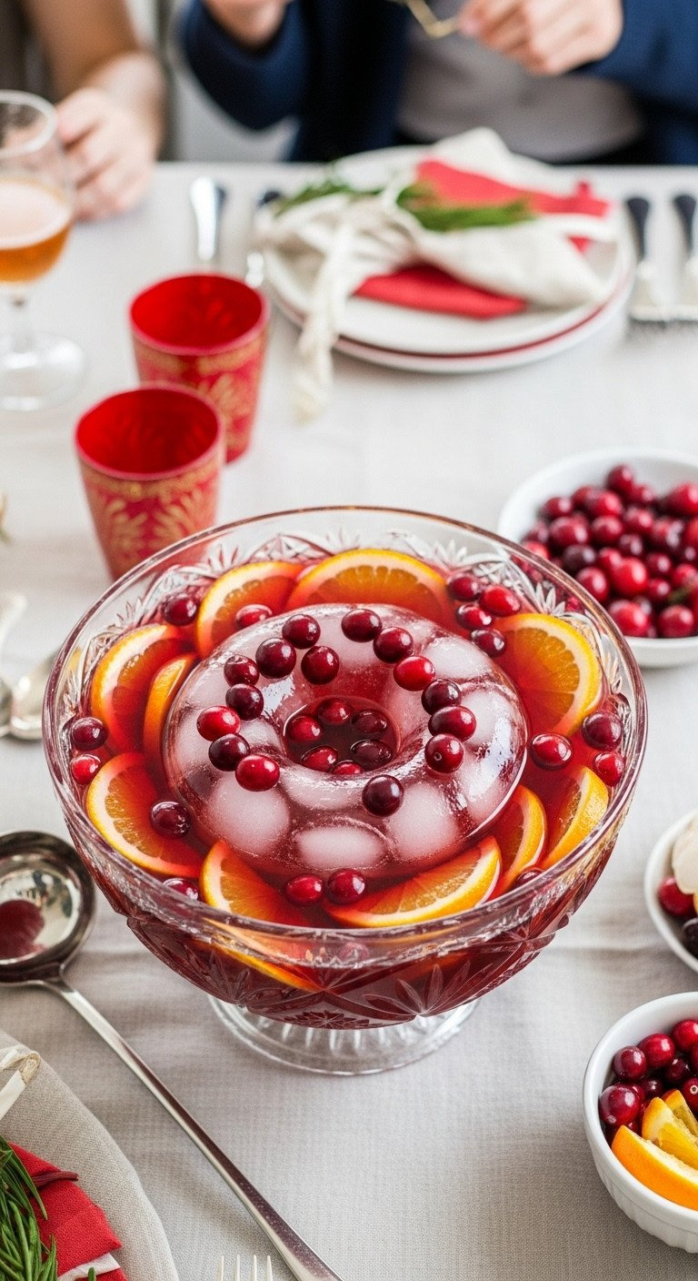 Vibrant Red Christmas Punch In An Ornate Bowl With An Ice Ring, Cranberries, And Orange Slices, On A Festive Table.