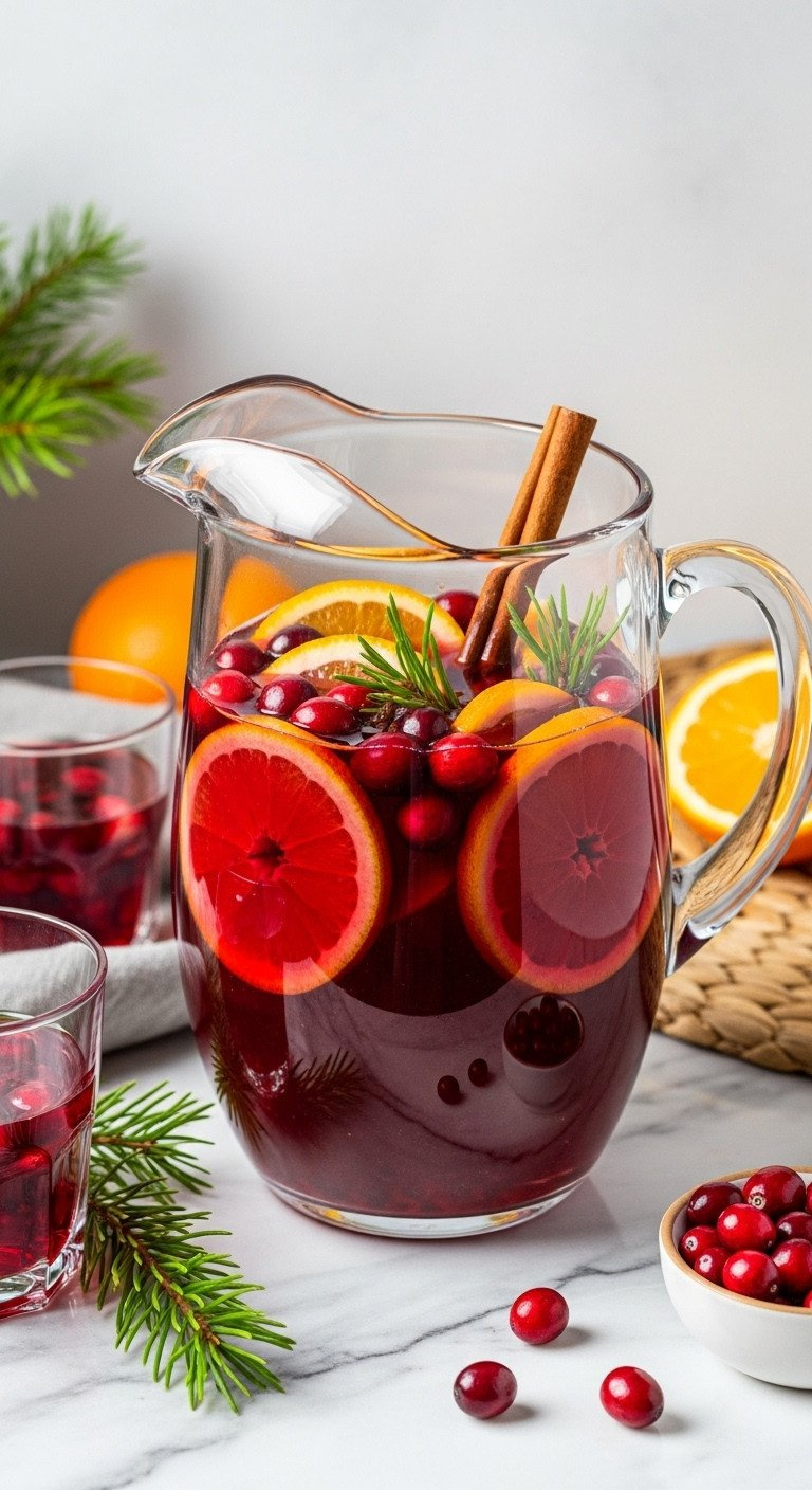 Vibrant Red Festive Sangria In A Glass Pitcher, With Sliced Oranges, Cranberries, And Cinnamon Sticks.