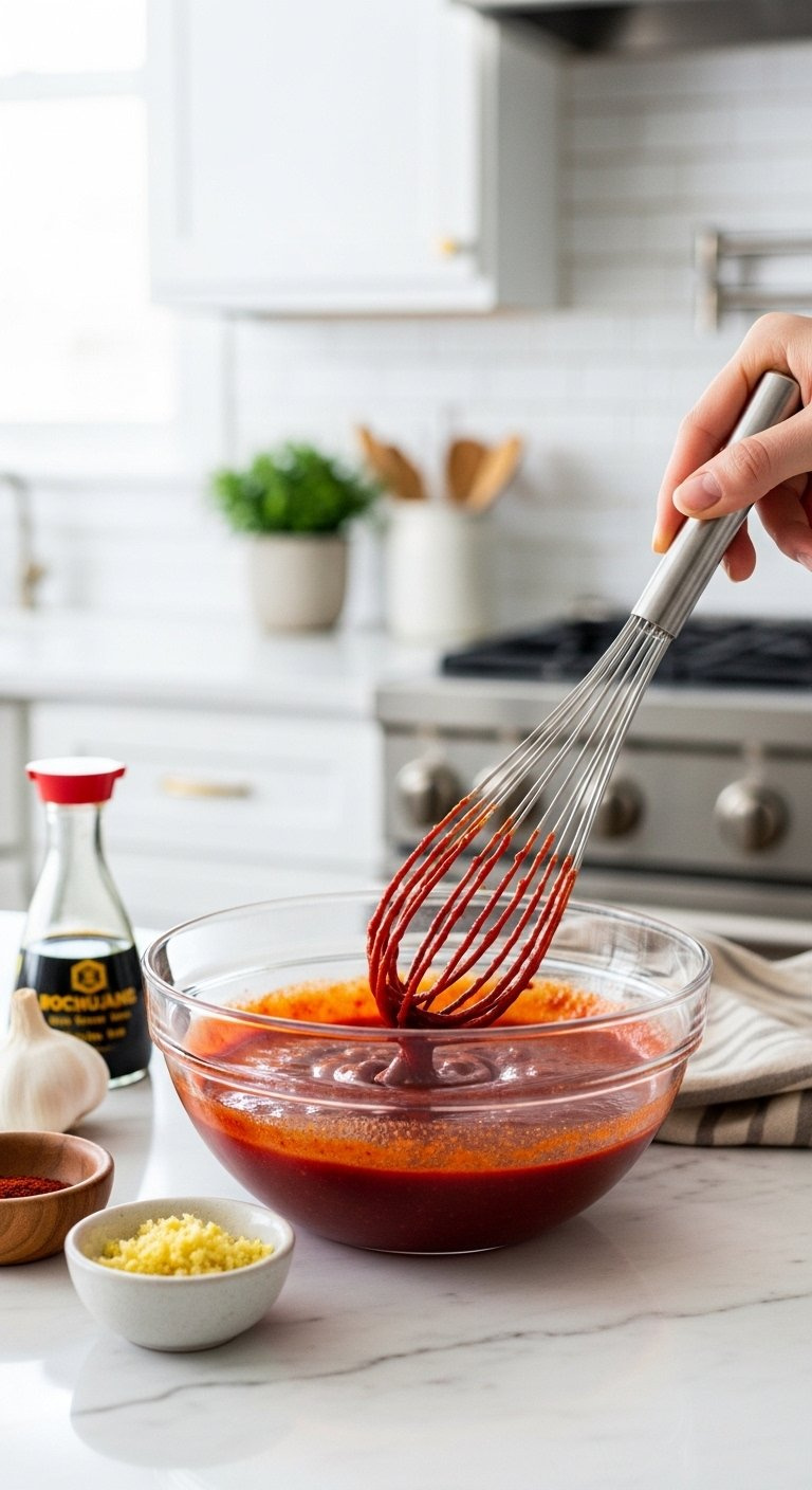Vibrant Red Gochujang Marinade Whisked In A Glass Bowl On A White Marble Countertop.