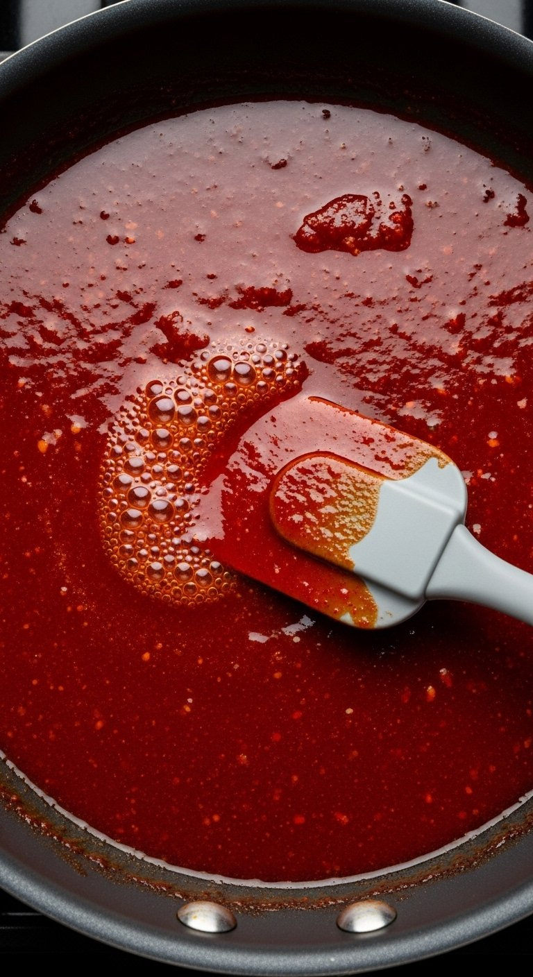 Vibrant Red Gochujang Sauce Bubbling Gently In A Non-Stick Skillet With A Glossy Lacquered Sheen.