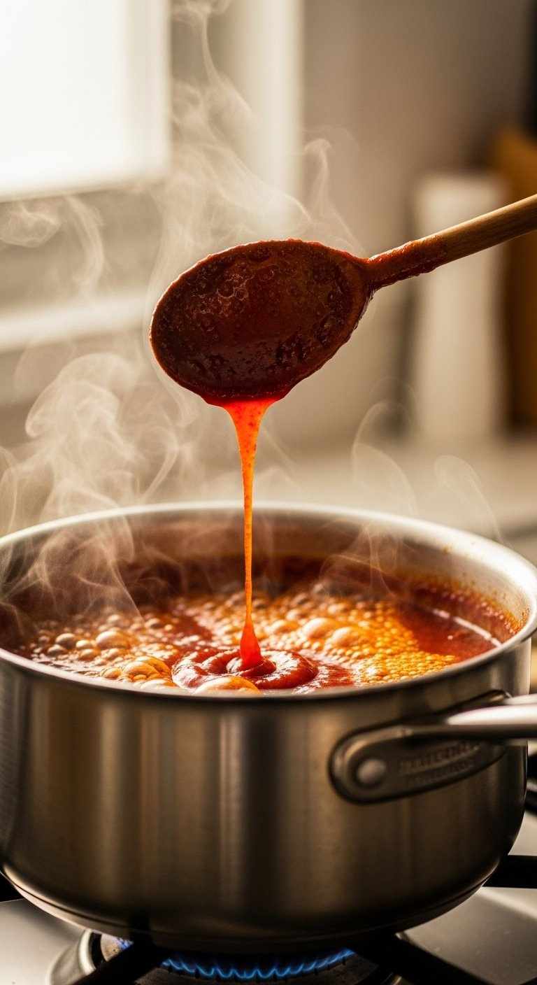 Vibrant Red Korean Sauce Bubbling In A Stainless Steel Pan With Glossy Glaze Dripping From A Wooden Spoon.