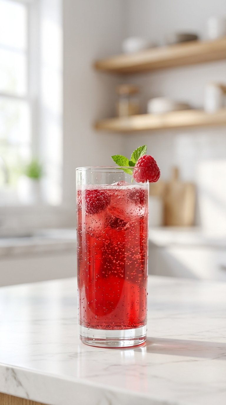 Vibrant Red Berry Fizzy Drink In Clear Glass With Fresh Berry Garnish On Marble Countertop With Soft Bokeh Background