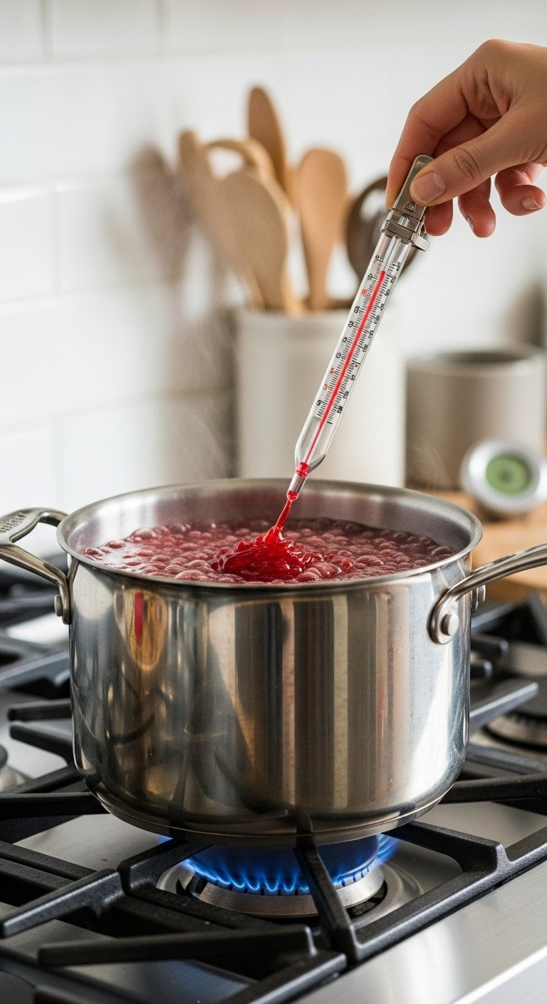 Vibrant Red Candy Apple Syrup Boiling In A Stainless Steel Pot With A Thermometer Showing 300°F, On A Gas Stovetop.