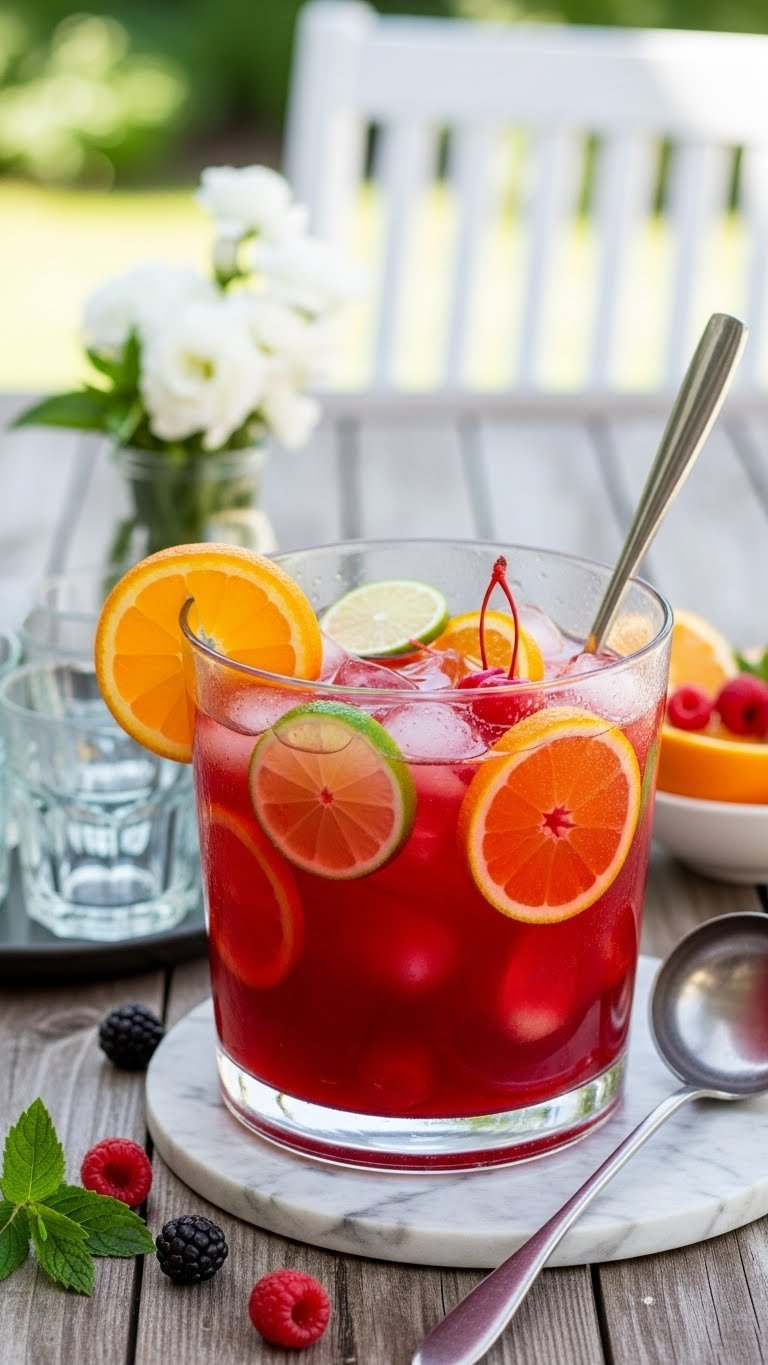 Vibrant Red Classic Fruit Punch In Clear Glass Bowl With Floating Orange Slices, Lime Slices, And Maraschino Cherries On Rustic Wooden Table