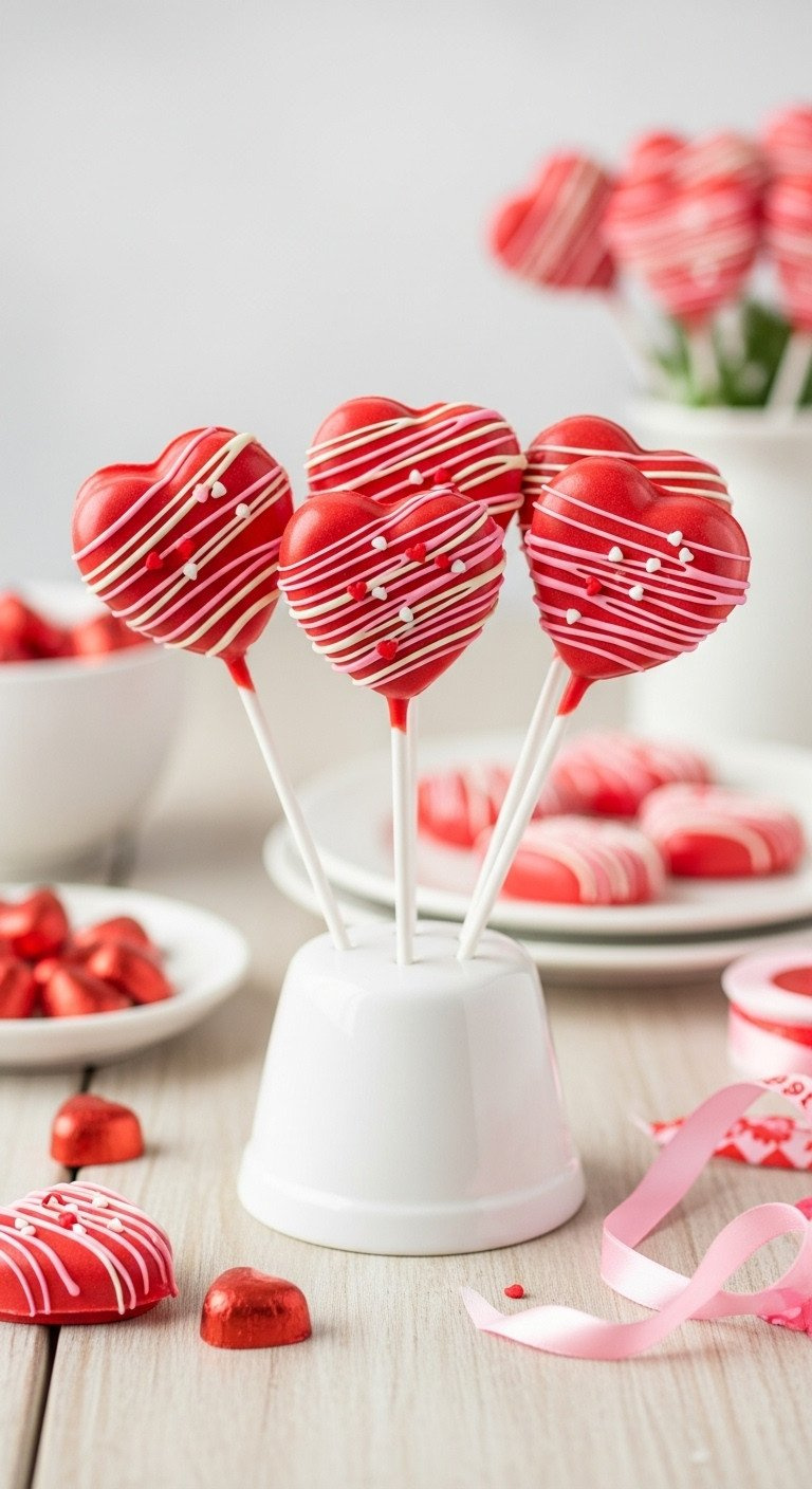 Vibrant Red Heart-Shaped Cake Pops Drying In A Stand, Adorned With White And Pink Drizzle, Perfect For Valentine's Dessert Gifts.