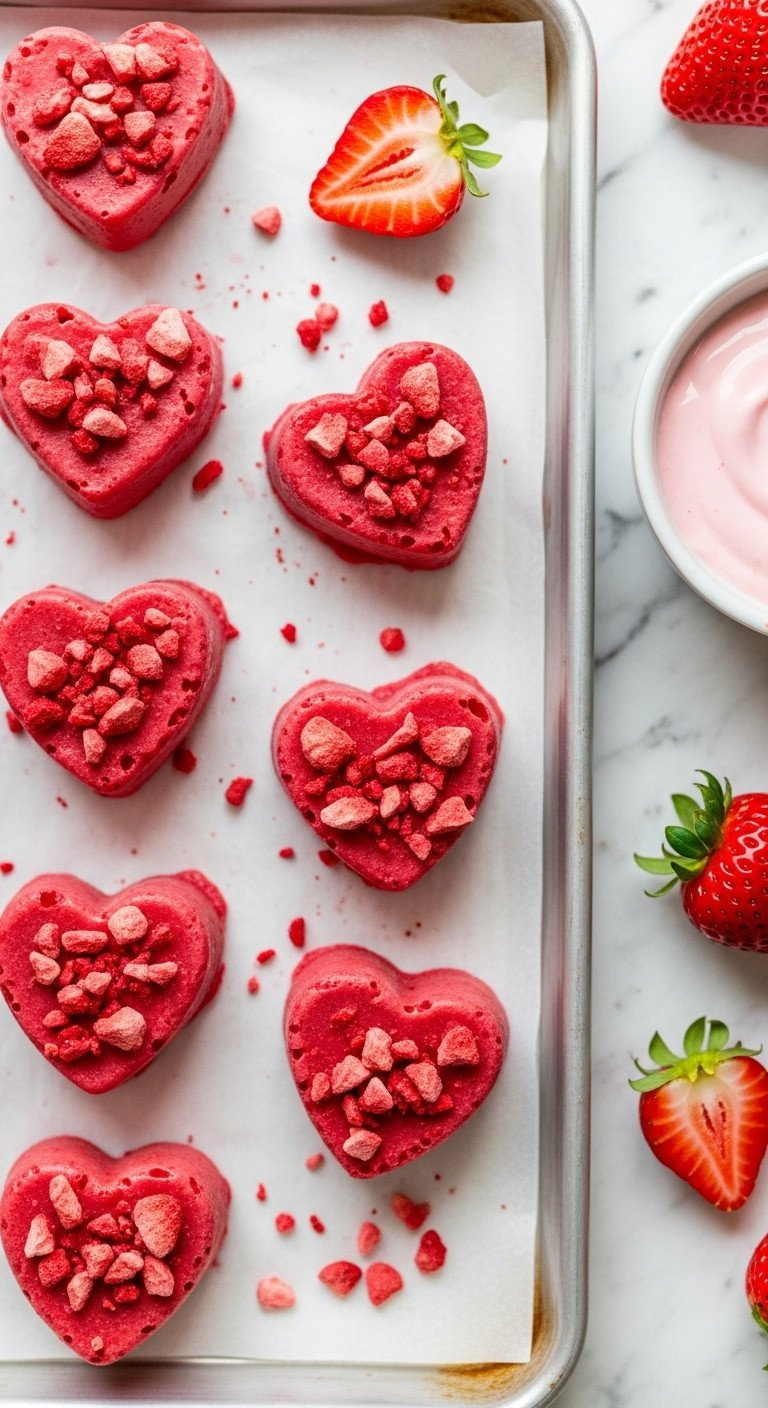 Vibrant Red Heart-Shaped Frozen Yogurt Bites Topped With Freeze-Dried Strawberries On Parchment Paper, Marble Countertop, Healthy Snack.