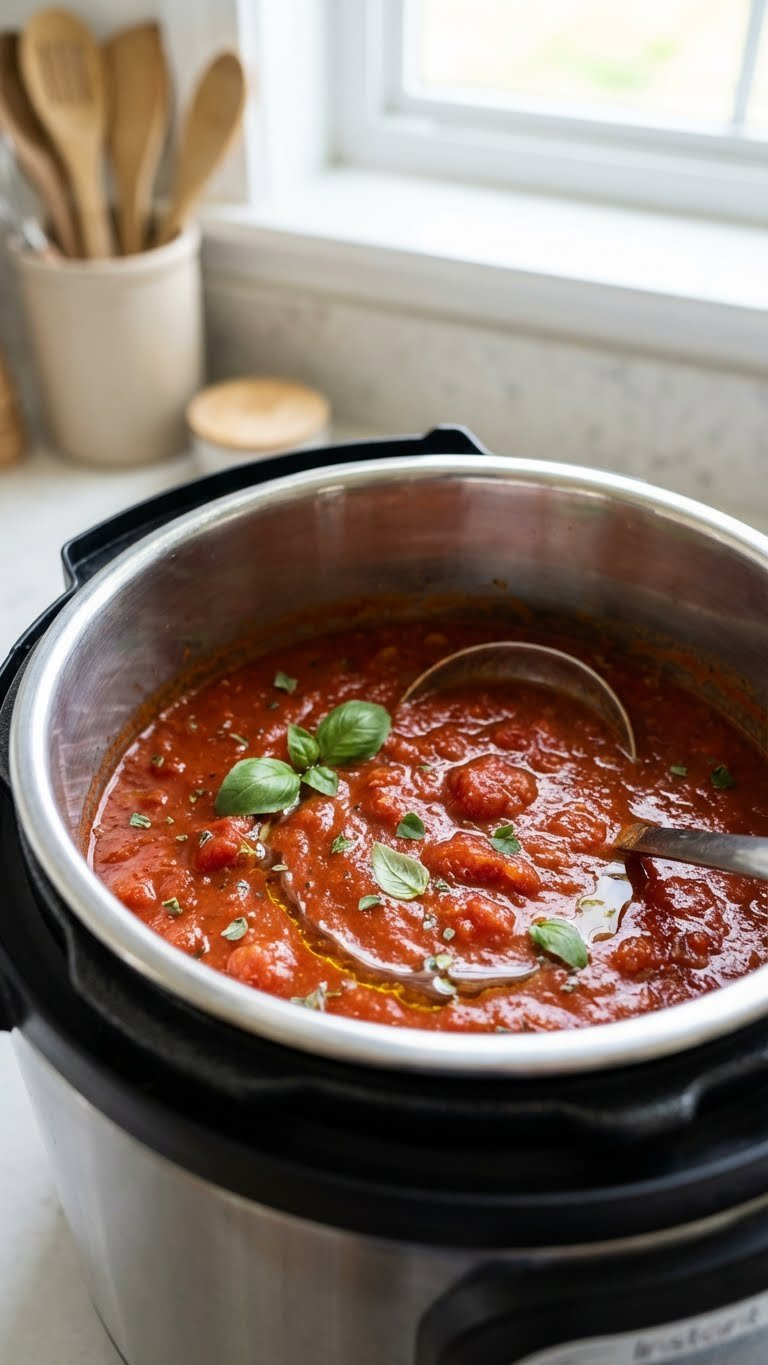 Vibrant Red Marinara Sauce With Tomato Chunks And Herbs Bubbling Gently In A Stainless Steel Instant Pot, Ready For An Italian Meal.