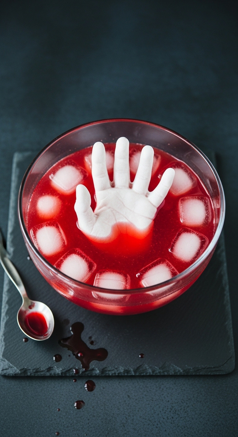 Vibrant Red Punch With An Eerie Frozen Ice Hand Floating In A Clear Glass Bowl On A Black Slate Surface.