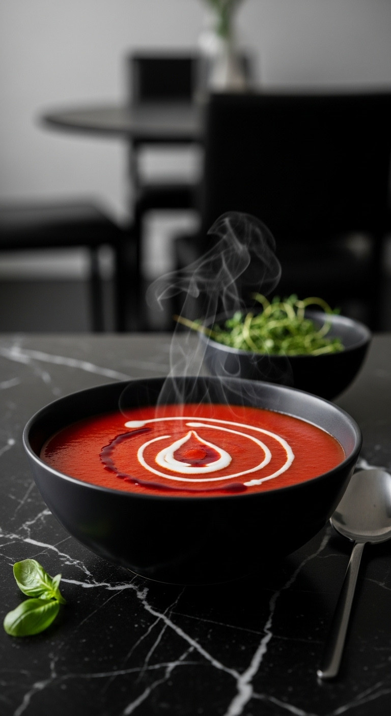 Vibrant Red Roasted Pepper Tomato Soup With Vegan Cashew Cream Blood Drop, Dark Bowl, Basil, Spoon. Spooky.