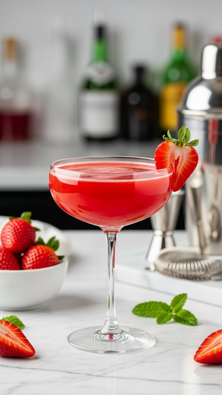 Vibrant Red Strawberry Daiquiri In Chilled Coupe Glass With Fresh Strawberry Garnish On Marble Countertop Bar Setting.
