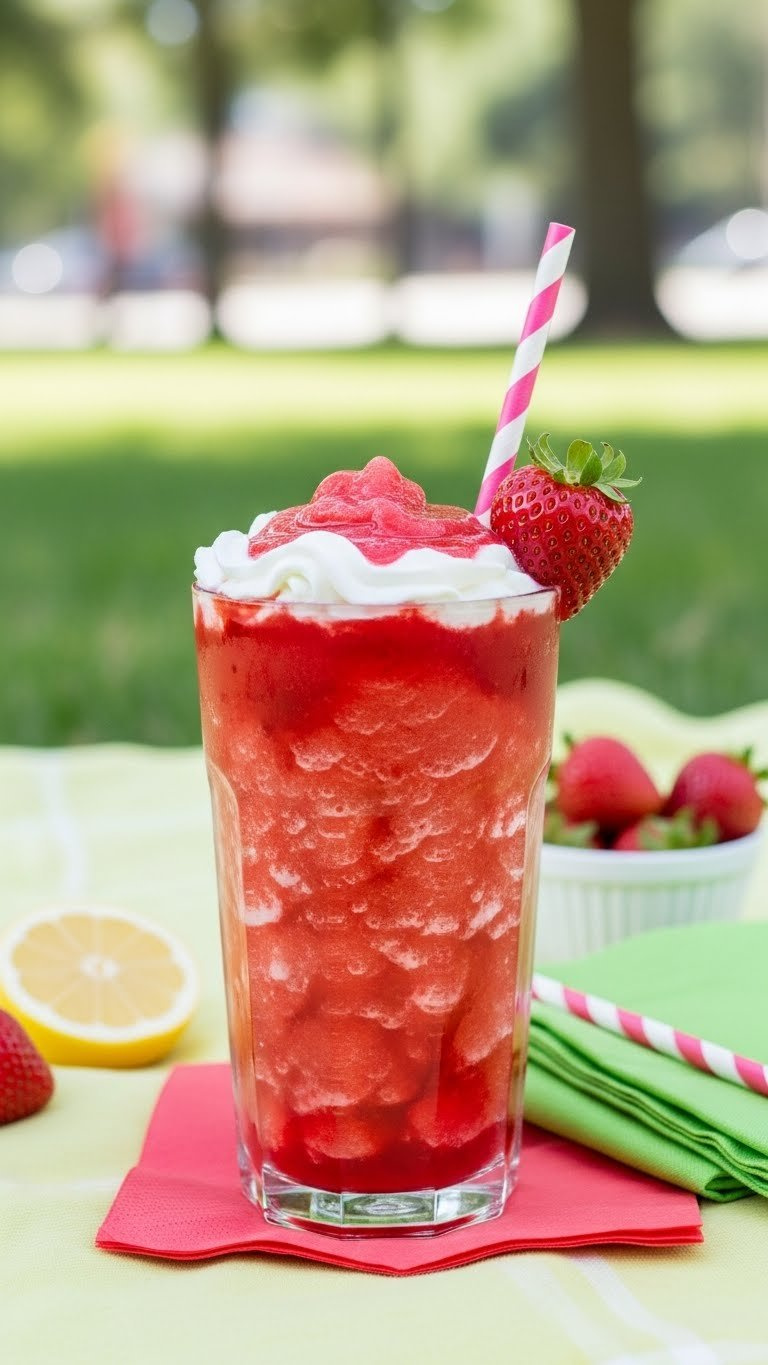 Vibrant Red Strawberry Slushy With Whipped Cream And Fresh Strawberry Garnish In Tall Glass On Picnic Blanket.
