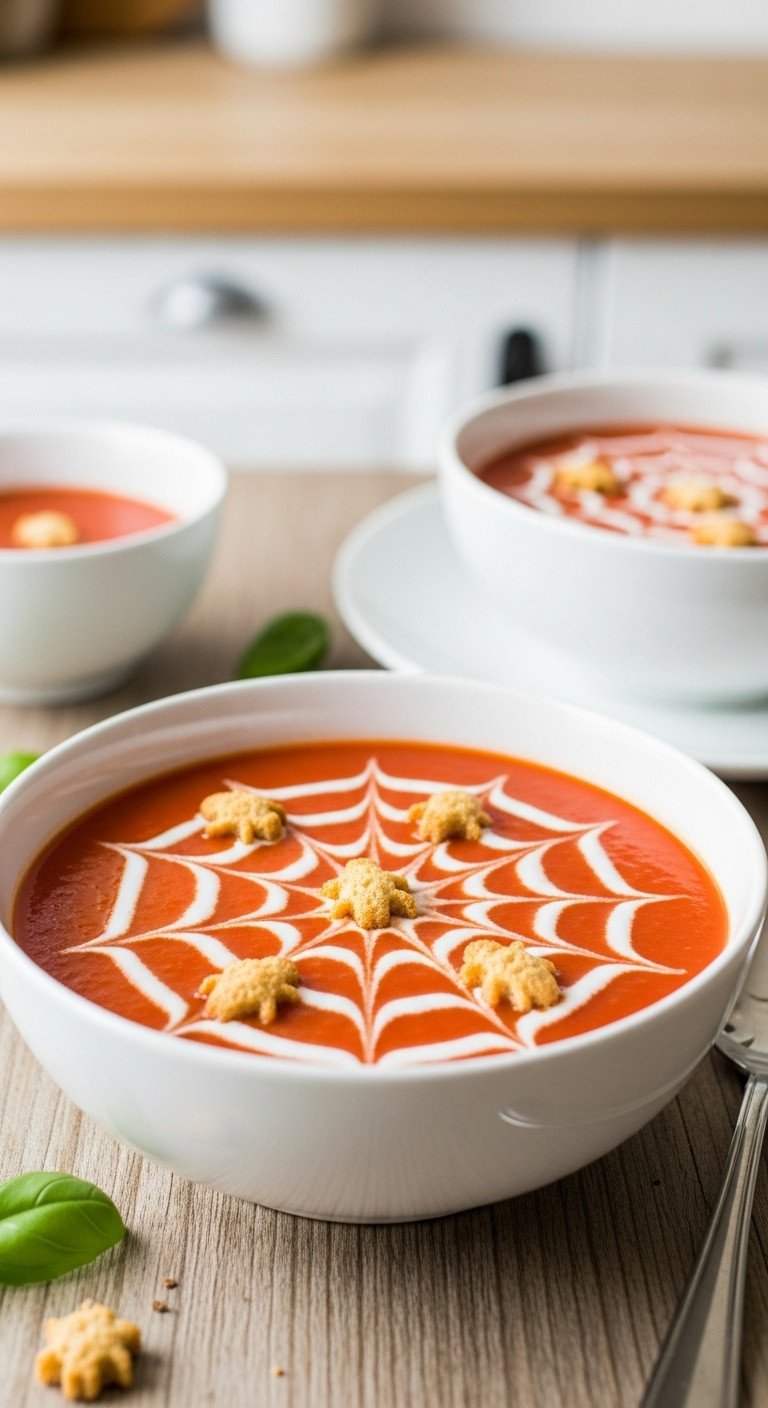 Vibrant Red Tomato Soup With Coconut Milk Spiderweb, Bug Croutons In White Bowl, Basil, Spoon On Rustic Wooden Table. Spooky Halloween.