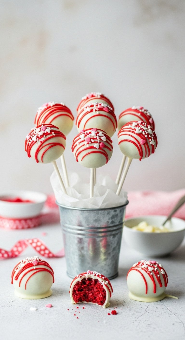 Vibrant Red Velvet Cake Pops Dipped In White Chocolate With Red Drizzle And Heart Sprinkles In A Decorative Bucket.