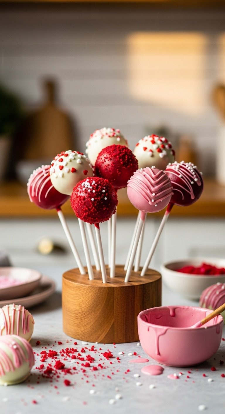 Vibrant Red Velvet Cake Pops With White And Pink Chocolate, Heart Sprinkles, In A Stand, Golden Hour Light, Blurred Kitchen.