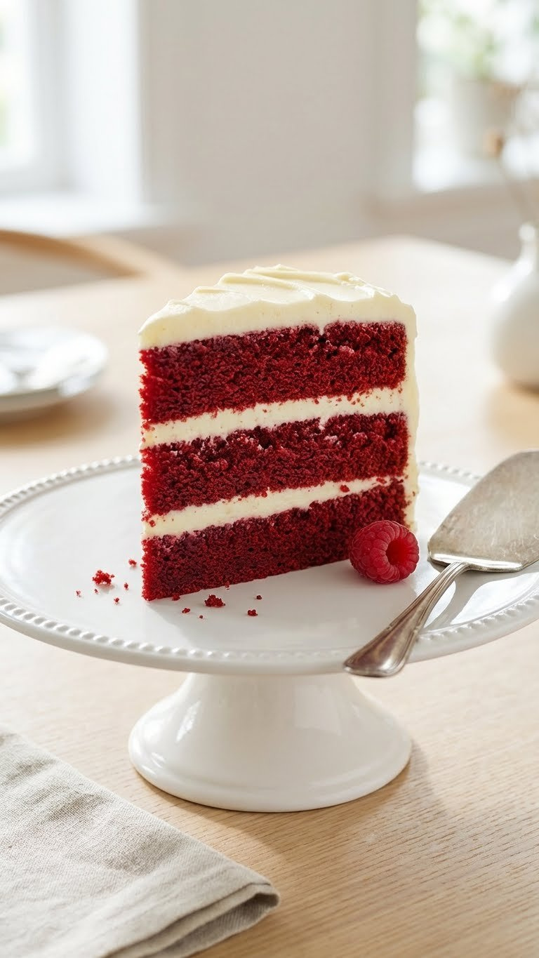 Vibrant Red Velvet Cake Slice With Creamy Cream Cheese Frosting, Scattered Crumbs, And A Delicate Berry On A White Stand.