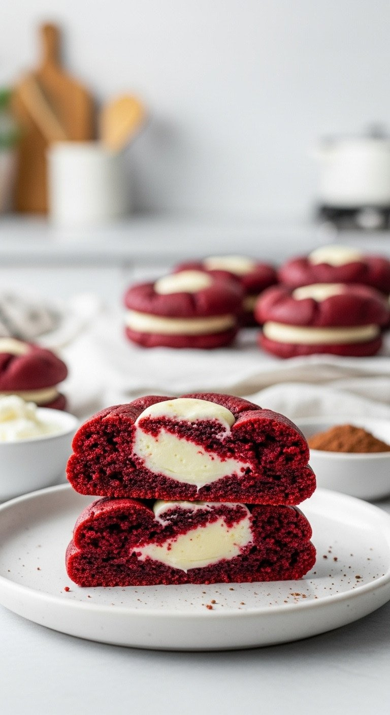 Vibrant Red Velvet Cookie With Creamy Cream Cheese Filling On A White Plate. Blurred Kitchen, Cream Cheese, Cocoa Powder.