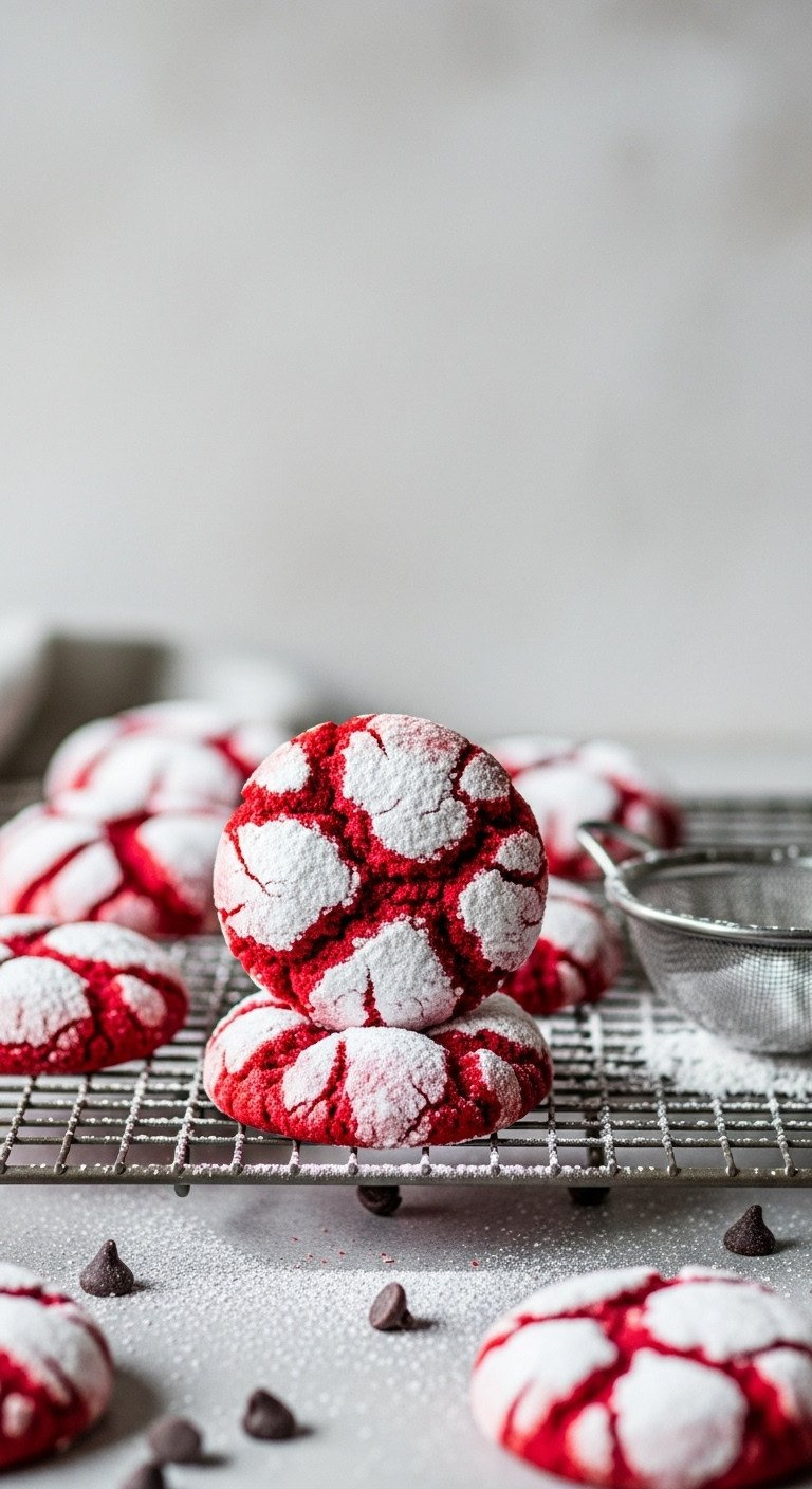 Vibrant Red Velvet Crinkle Cookies, Heavily Dusted With Powdered Sugar, On A Cooling Rack. Soft Cracked Texture, Chocolate Chips.