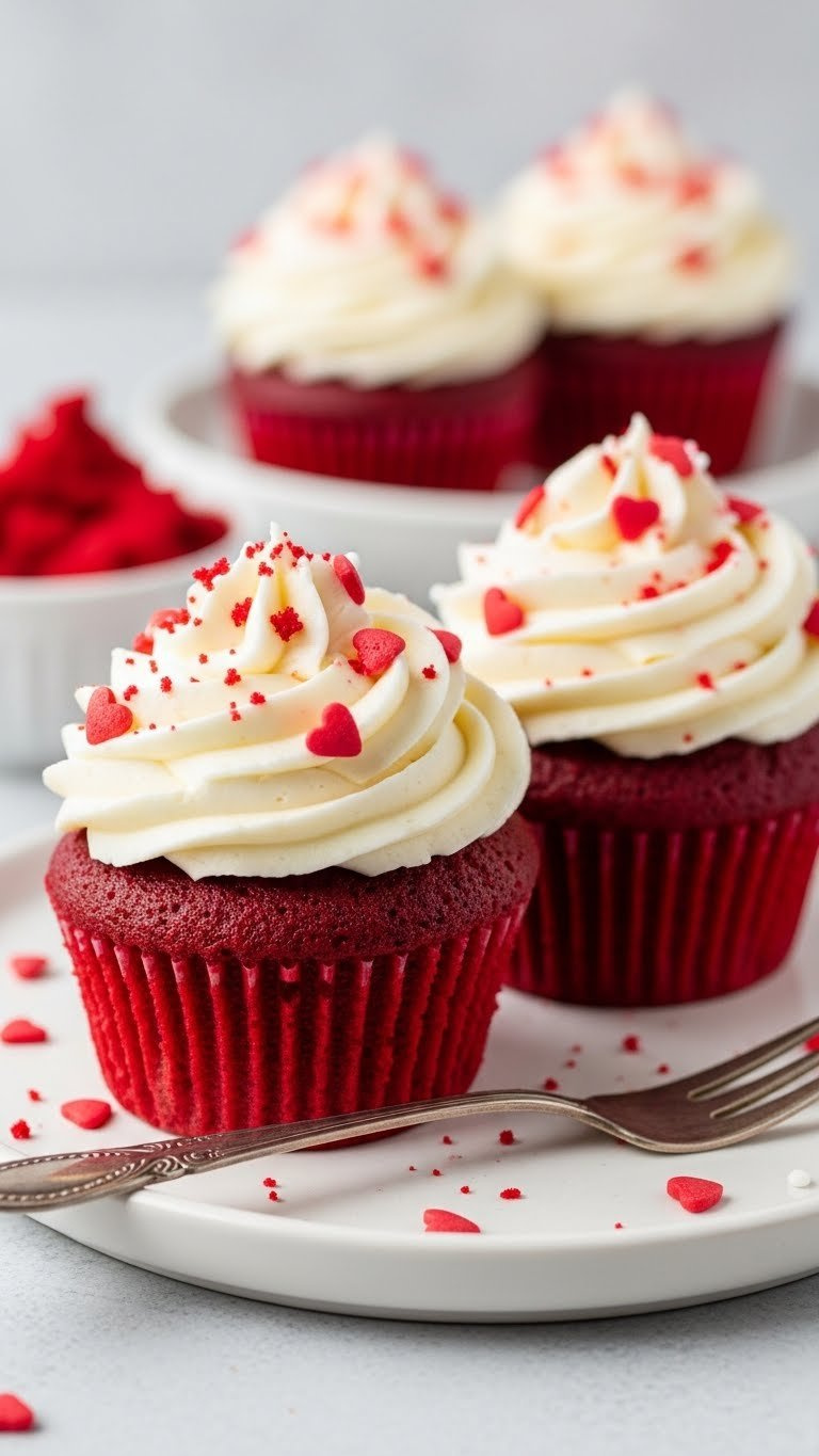 Vibrant Red Velvet Cupcakes With Cream Cheese Frosting, Heart Sprinkles On White Plate, Vintage Silver Fork, Bright Daylight.